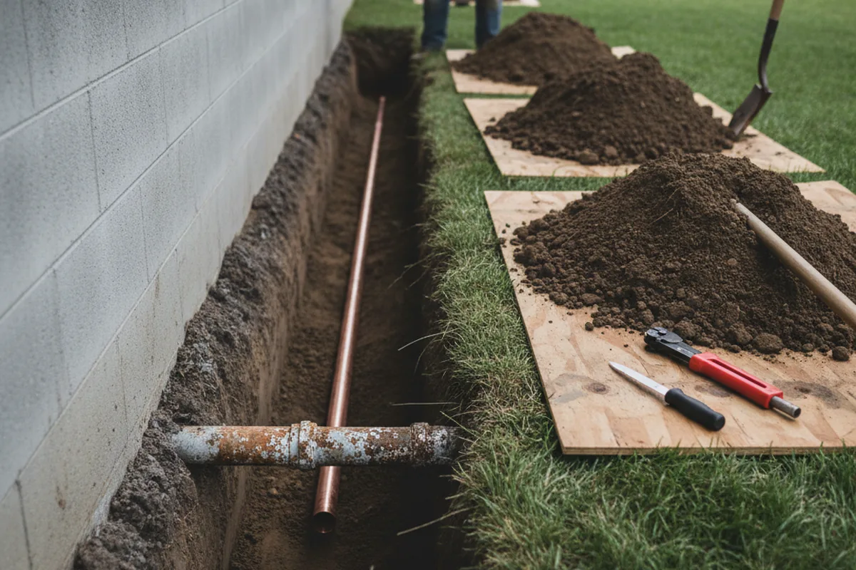 Excavated water line trench during Water Heater Repair in Wellington